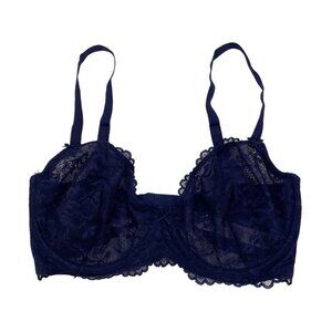 Savage X Fenty Size 32DDD Navy Blue Lace Unlined Semi Sheer Balconette Bra